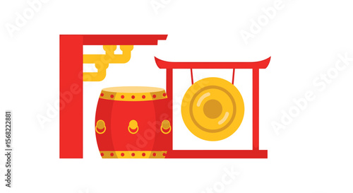 Chinese temple percussion instruments; a stylized drum and gong within architectural elements.