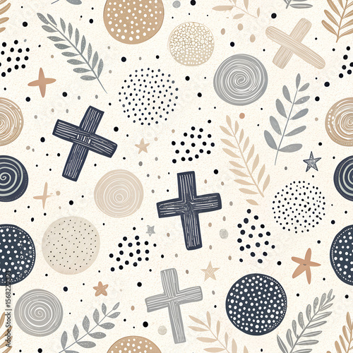 Abstract Seamless Pattern with Geometric Shapes and Botanical Elements in Neutral Colors seamless digital pattern new 2025 trendy