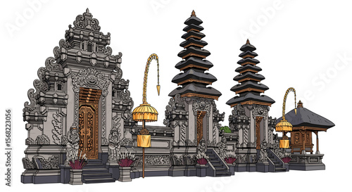 Detailed view of a Balinese temple complex with intricate carvings, tiered structures, and decorative golden lamps.