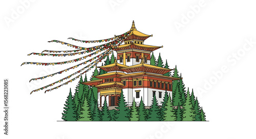 Illustration of a multi-tiered Buddhist temple or monastery surrounded by trees, with prayer flags blowing in the wind.