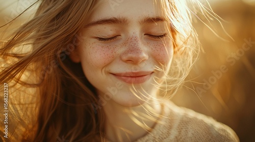 Joyful girl with flowing hair in soft golden light