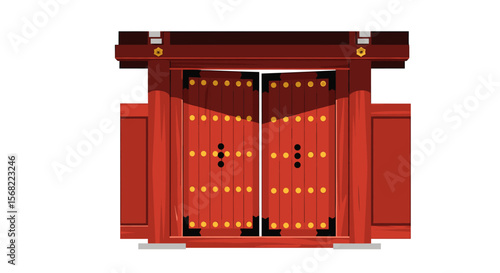 A detailed illustration of a traditional Chinese gate with open doors, showing ornate details.