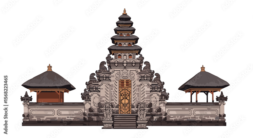 Obraz premium Balinese temple facade, intricate carvings, and tiered roof structure.