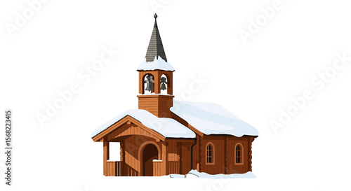 Small wooden church with a steeple and snow-covered roof, isolated on a white background.