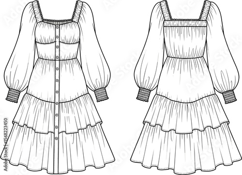 Fashion technical flat sketch of tiered women mini dress with puff sleeves, button front, square neckline, perfect for fashion design templates