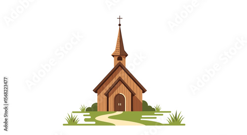 A quaint wooden church stands serenely, path leading to its entrance, nestled amidst simple greenery.