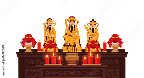 Three golden deities on a wooden altar adorned with red candles and offering bowls.