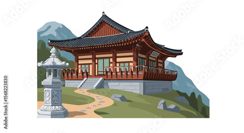 Illustration of a traditional Korean temple building on a hill with a stone lantern and mountain backdrop.