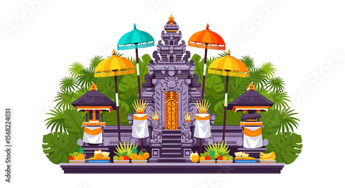 A detailed illustration of a Balinese temple with offerings, umbrellas, and lush tropical foliage.