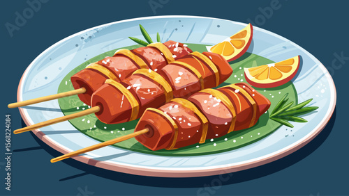 Ražnjići from Serbia showcase skewered pork cuts, golden-brown and rustic, with crispy fat edges and sprinkles of sea salt on a porcelain-white plate.
