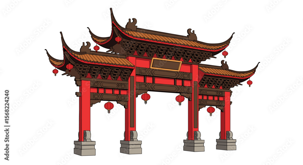 Fototapeta premium A red and brown Chinese gate with lanterns, set against a white background.
