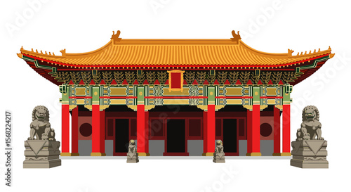 A vibrant, detailed illustration of a traditional Chinese temple with ornate architecture and guardian statues.