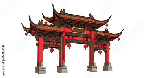 A red and brown Chinese gate with lanterns, set against a white background.