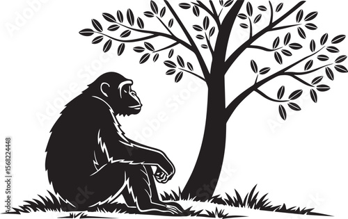 Silhouette of a chimpanzee sitting beneath a tree on grassy ground in a clean style