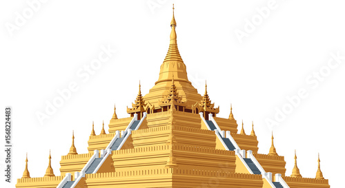 Golden, ornate Buddhist temple, a tiered structure, depicted in a stylized illustration.