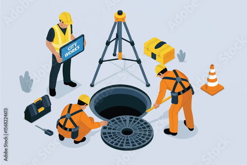Construction workers in safety vests and hard hats are working on a manhole cover with surveying equipment and tools isolated on white background