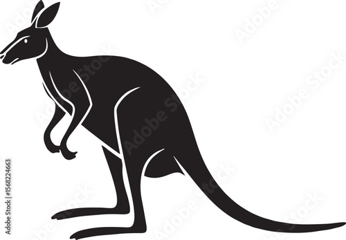 Black and white silhouette of a jumping kangaroo animal isolated on white background