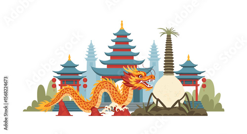 A vibrant illustration of a Chinese dragon in front of traditional pagodas and a unique plant.