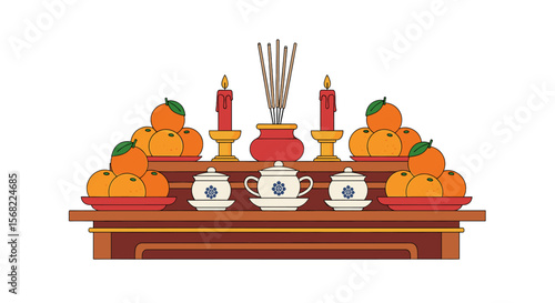 A meticulously arranged ancestral altar displays oranges, candles, incense, and teacups, signifying a traditional Chinese religious offering.