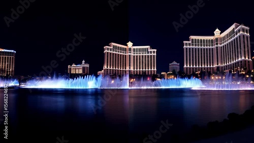 A time lapse of the Bellagio Fountains transitioning from day to night with the fountain shows becoming more dramatic under th
