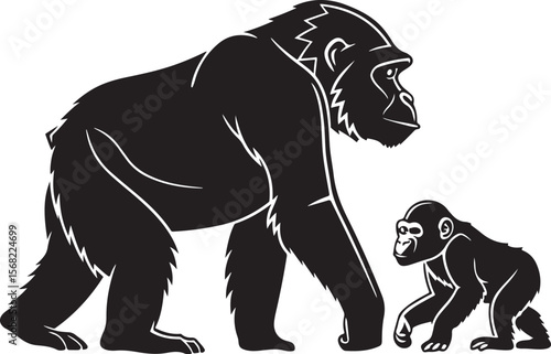 Black and white silhouette of a mother gorilla with a young gorilla cub walking together