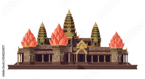 Angkor Wat temple, stylized illustration, Cambodian architecture, detailed facade, ornate towers, vibrant colors.