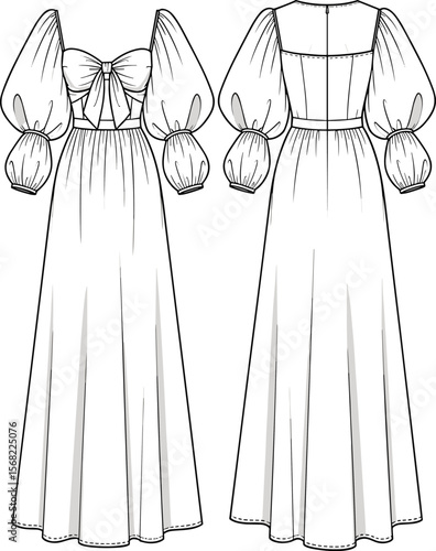 Fashion sketch of elegant long sleeve dress with puffy sleeves, front bow detail, back view included, vector template, sewing pattern, illustration
