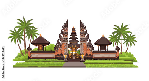 Illustration of a Balinese temple entrance with intricate carvings, surrounded by lush greenery and palm trees.