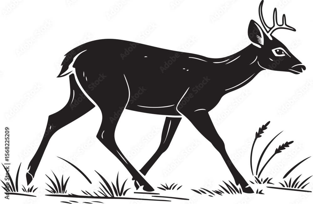 Fototapeta premium Silhouette of a strolling deer in black and white with grass graphic vector illustration