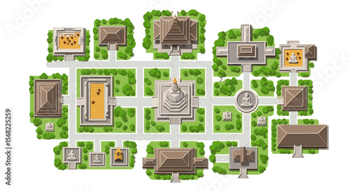 Aerial view of a meticulously planned temple complex, showcasing numerous buildings, courtyards, and gardens arranged symmetrically.
