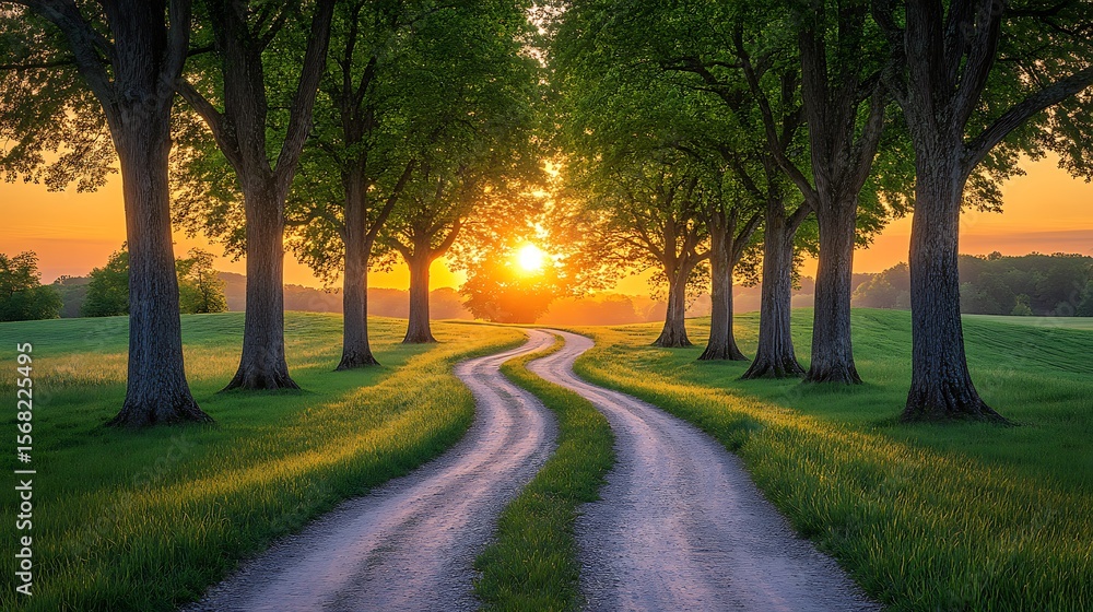Naklejka premium Winding country road at sunrise, lined with trees.