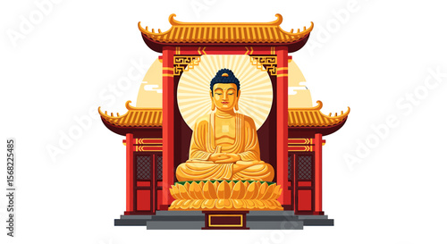 Golden Buddha statue seated within a traditional Chinese temple archway, serene and majestic.