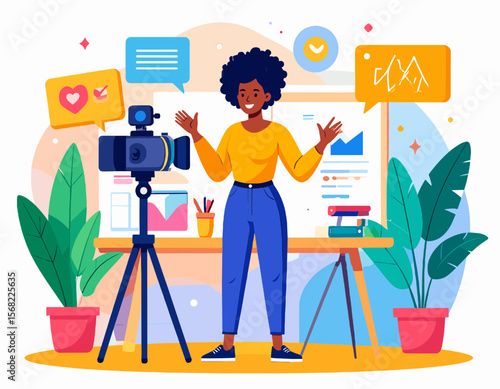 Woman Recording Video Blog with Camera on Tripod in a Brightly Lit Room with Plants and a Desk with Books and Chart