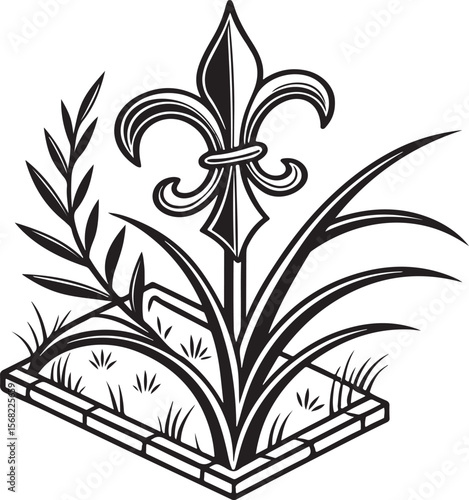 Elegant black and white illustration of a fleur de lis symbol with ornamental garden elements