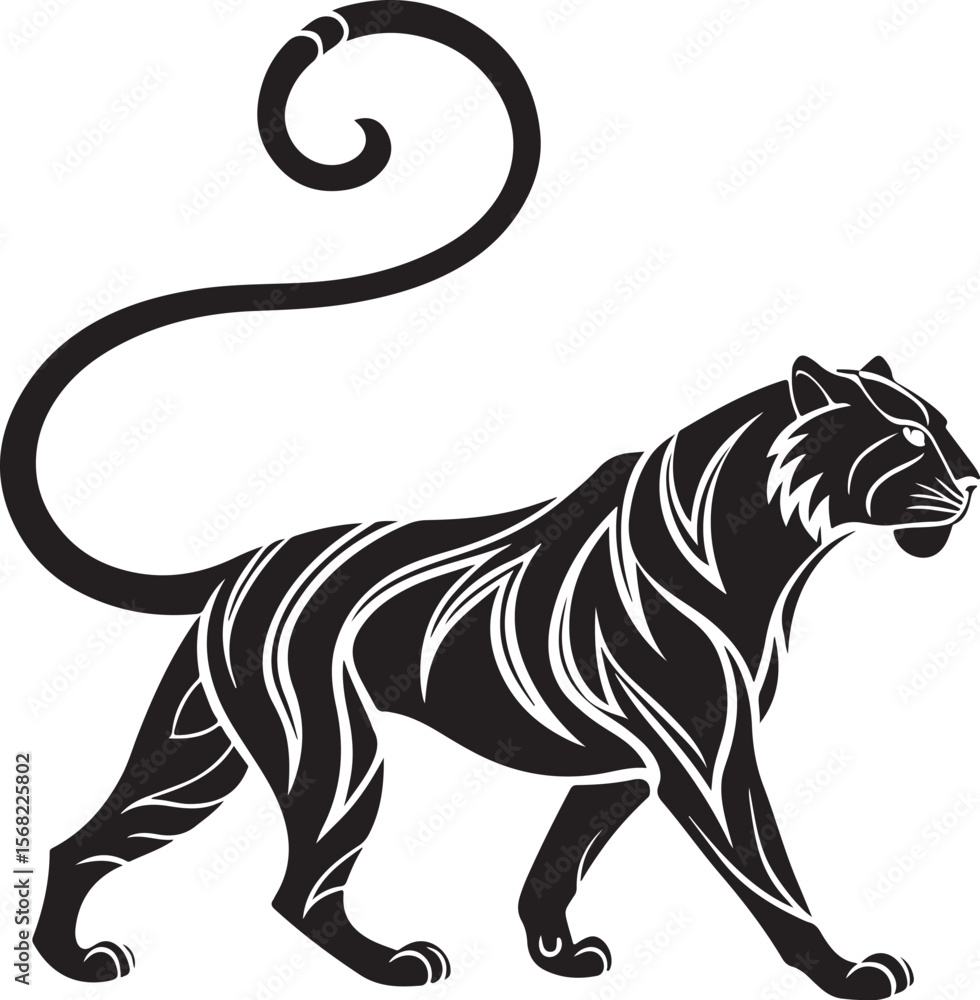 Obraz premium Elegant black panther silhouette with a stylized decorative tail walking on white background