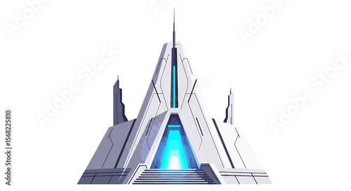 Futuristic pyramid-shaped structure with a glowing blue entrance, set against a white background.
