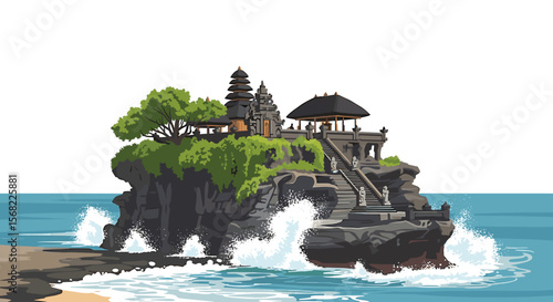 A stylized illustration of a Balinese temple on a rocky island, surrounded by crashing waves.