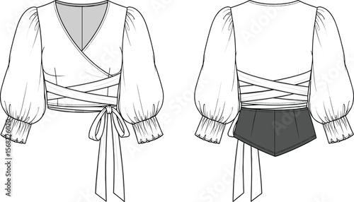 Fashion flat sketch of trendy wrap blouse with puff sleeves, tie waist, stylish cuffs, front and back view, technical drawing illustration