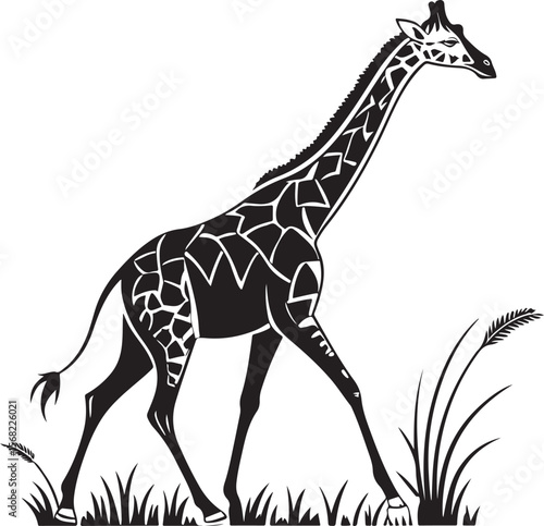 Striking black and white illustration of a graceful walking giraffe on a white background