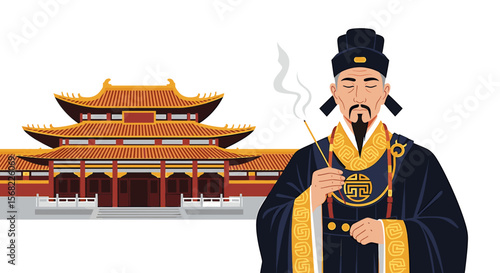 A Chinese official in traditional attire, respectfully holding incense, in front of a grand temple.