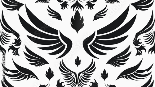 Collection of black stylized wings and feather motifs on white background feathers