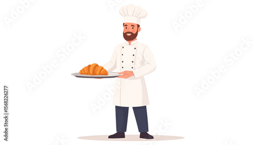 Smiling Baker Presenting Freshly Baked Croissant on Silver Tray