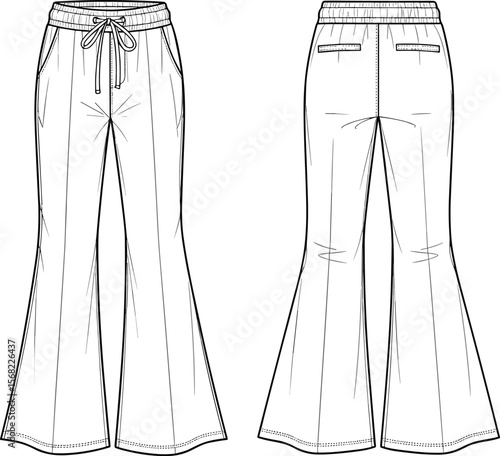 Drawstring ruched midi pencil skirt fashion flat sketch, technical apparel template, woman skirt design front and back view, vector illustration