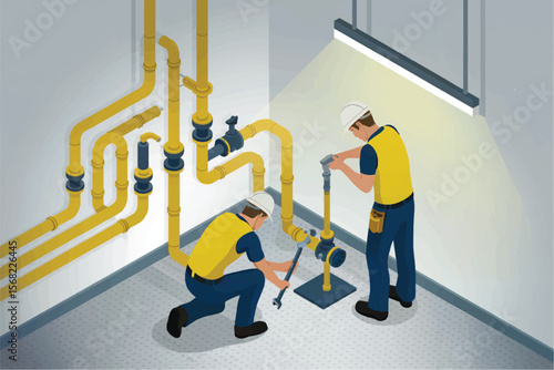 Two male workers in hard hats and high visibility vests working on yellow pipes and valves in an industrial setting isolated on white background