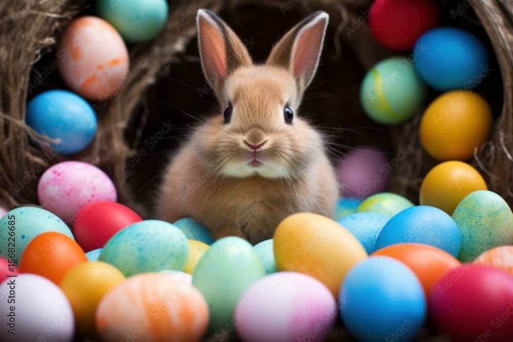 Cute easter bunny surrounded by colorful eggs, celebrating the festive holiday season Cute easter bunny surrounded by colorful eggs, celebrating the festive holiday season