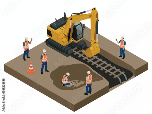 Construction workers and excavator with tracks on railway construction site performing digging and surveying tasks isolated on white background