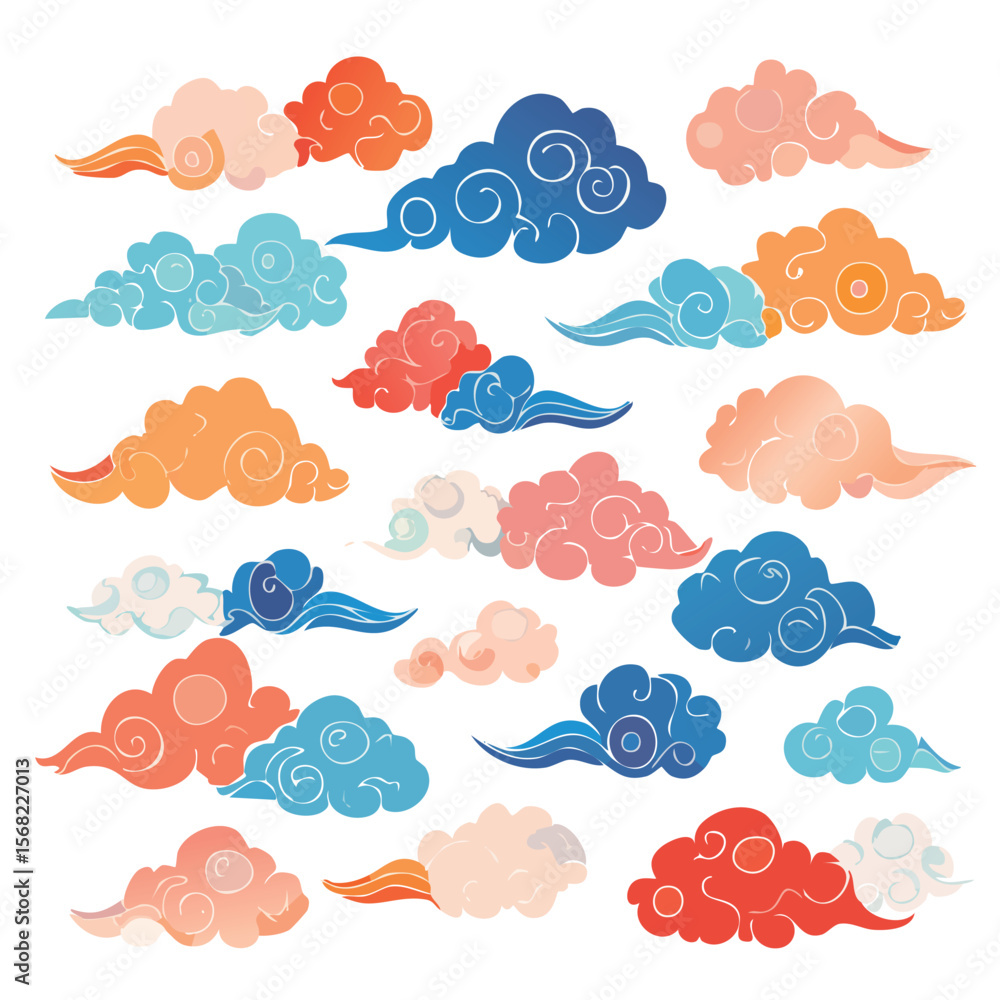 Fototapeta premium Collection of traditional Japanese cloud illustrations in coral blue and orange vector