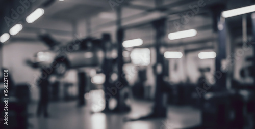 Wallpaper Mural Car repair shop interior with vehicles on lifts blurred dark and moody. Torontodigital.ca