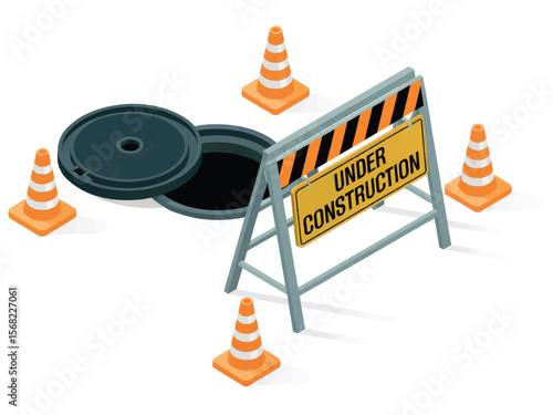 A manhole cover is open with safety cones and an under construction barrier surrounding the hazard isolated on white background