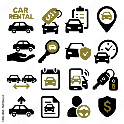 Diverse Car Rental Icons Depicting Services, Locations, and Financial Aspects.